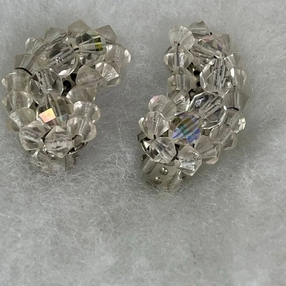 Midcentury vintage crescent AB climber clip style earrings.
